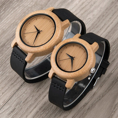 Bamboo Couple Set Quartz Wooden Watches Men Leather Band Lovers's Wood Timepieces