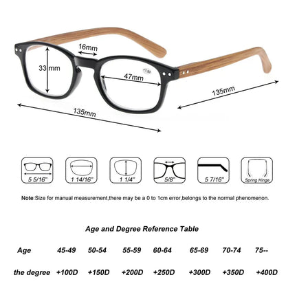 Reading Glasses Fashion Wood-Look Spring Hinge Stylish Readers Magnifying Glass Eyewear Diopter +1.0 +4.0