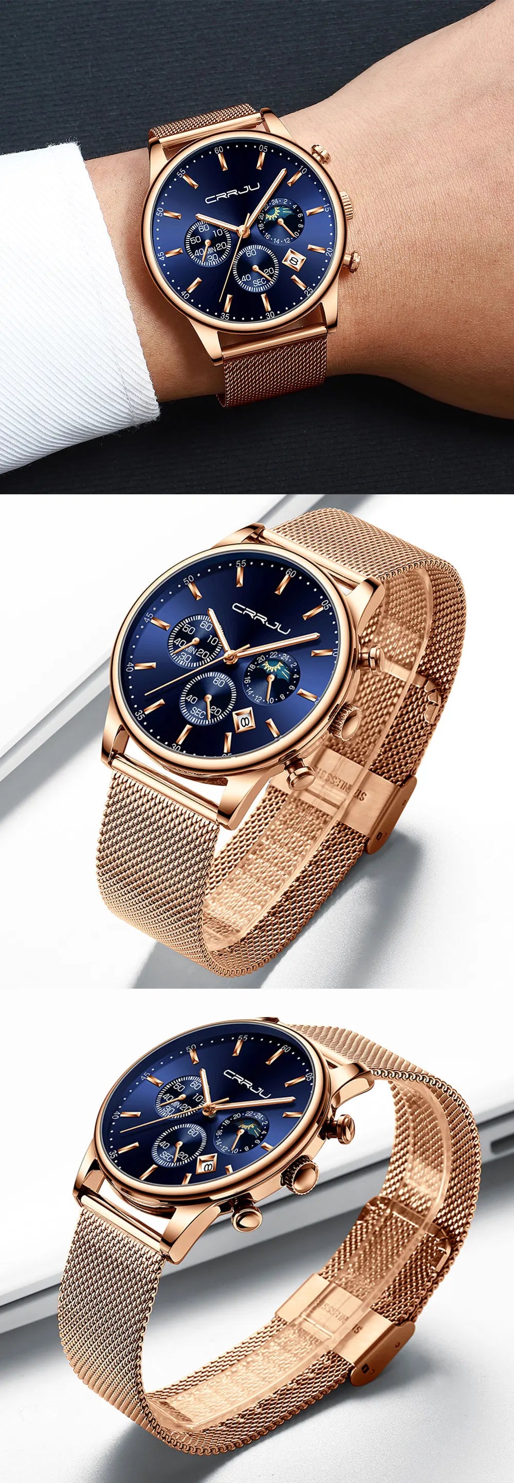 Relogio Masculino Luxury Quartz Watch for Men Blue Dial Watches Sport Watches Chronograph Clock Mesh Belt Wrist Watch
