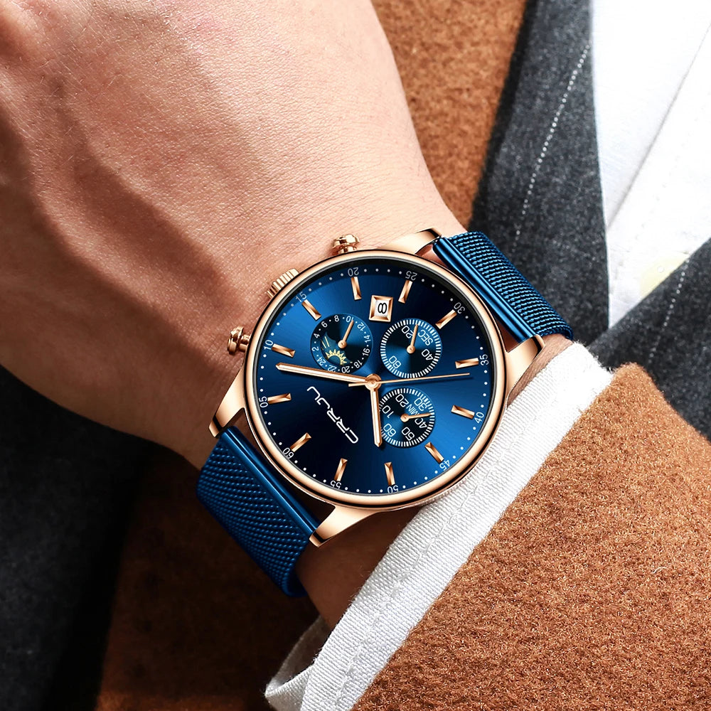 Relogio Masculino Luxury Quartz Watch for Men Blue Dial Watches Sport Watches Chronograph Clock Mesh Belt Wrist Watch