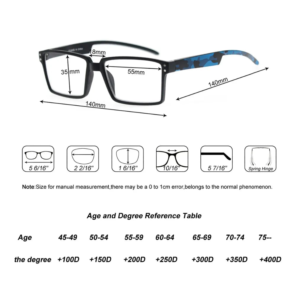 Oversized Reading Glasses Men Squared Frame Readers Vision Presbyopia High Quality Eyeglasses With Camouflage Leg +1+1.5+2+2.5+3