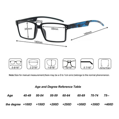 Oversized Reading Glasses Men Squared Frame Readers Vision Presbyopia High Quality Eyeglasses With Camouflage Leg +1+1.5+2+2.5+3