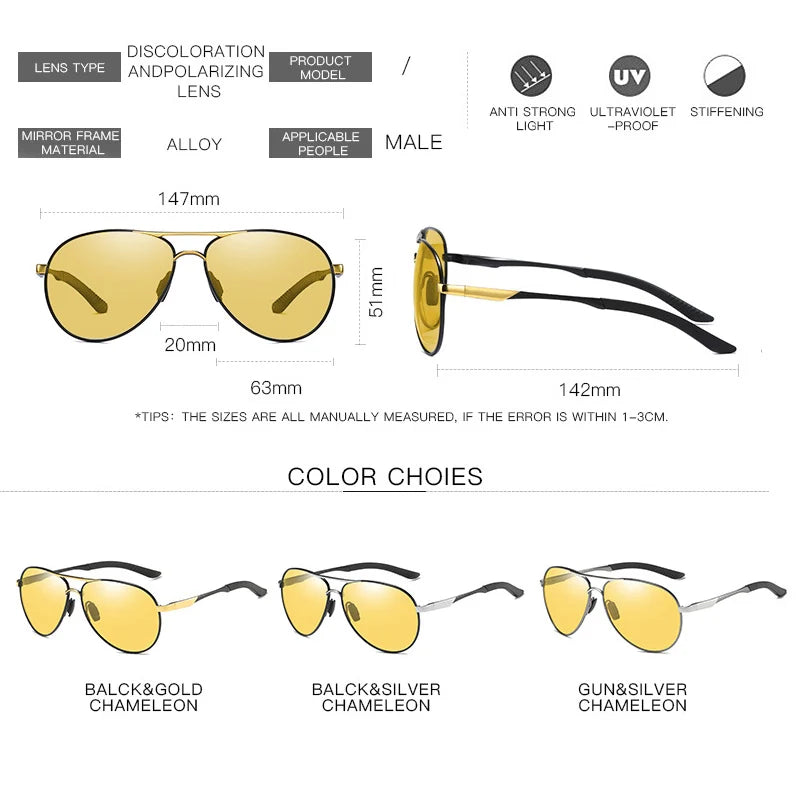 Photochromic Aviation Driving Sunglasses for Men