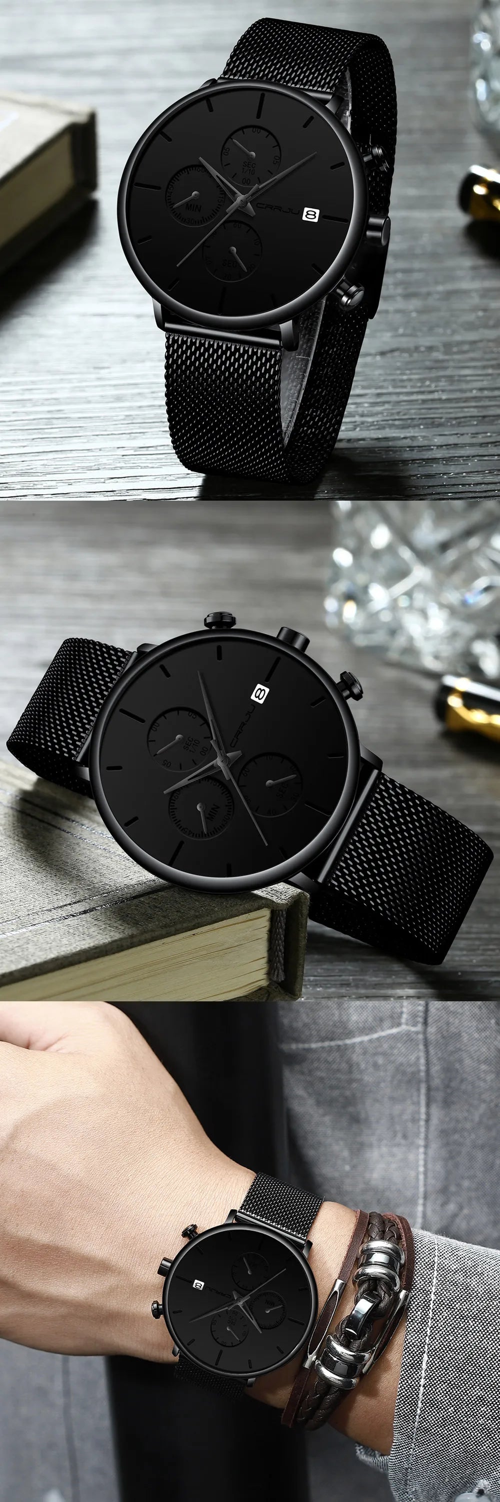 Mens Watches Luxury Sport Wrist Watch Unique Design Stainless Steel Auto Date Mesh Strap Men Fashion Casual Quartz Watches