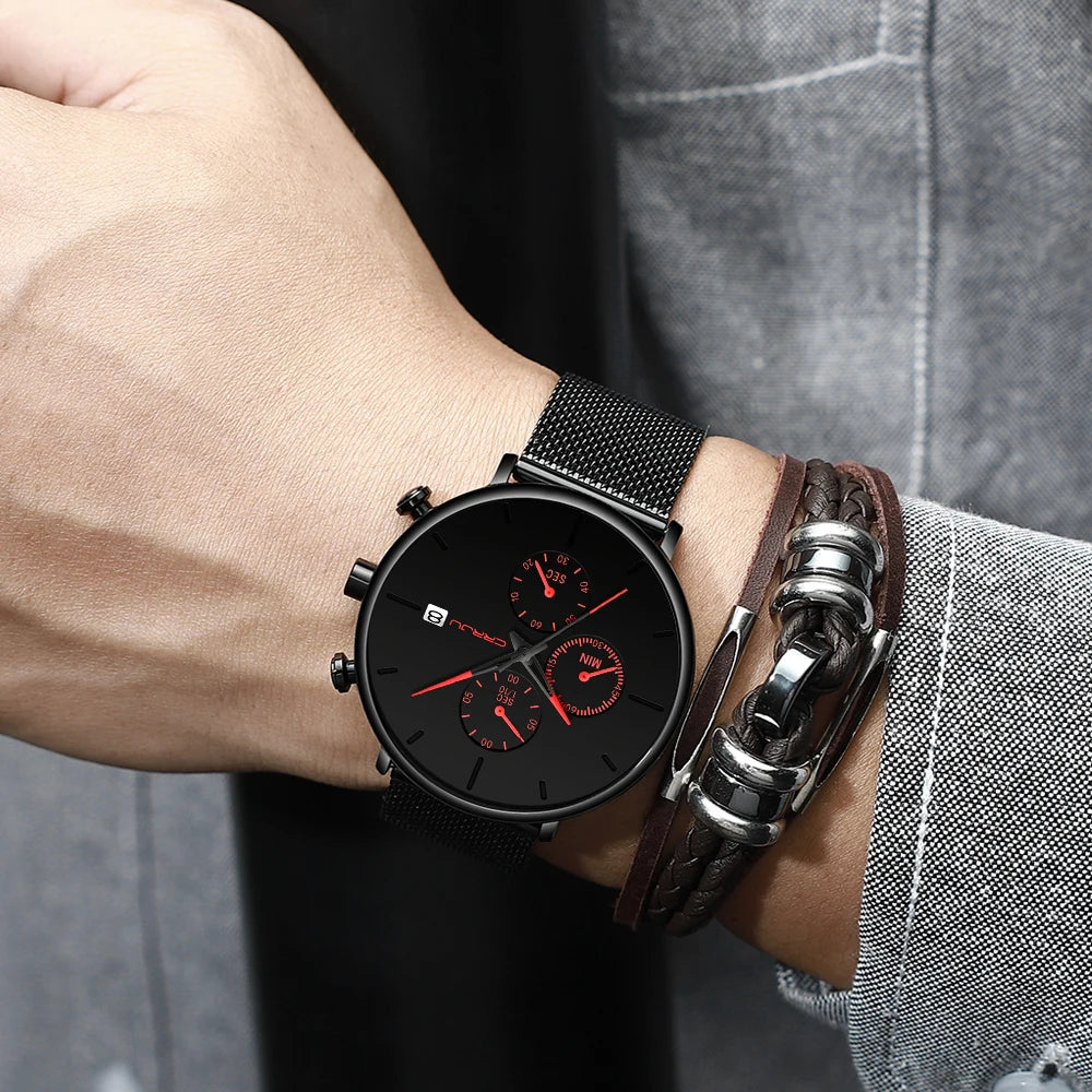 Mens Watches Luxury Sport Wrist Watch Unique Design Stainless Steel Auto Date Mesh Strap Men Fashion Casual Quartz Watches