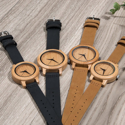 Bamboo Couple Set Quartz Wooden Watches Men Leather Band Lovers's Wood Timepieces