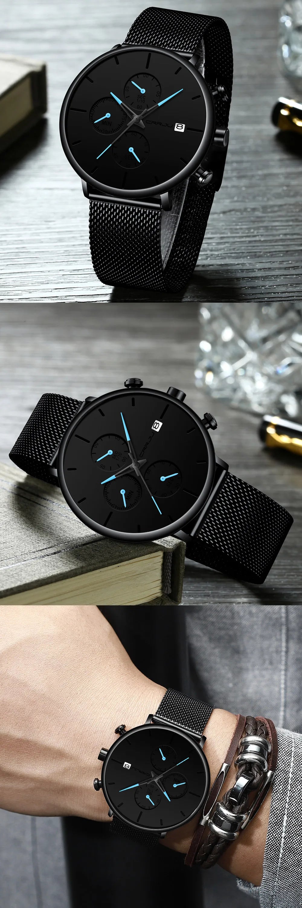 Mens Watches Luxury Sport Wrist Watch Unique Design Stainless Steel Auto Date Mesh Strap Men Fashion Casual Quartz Watches