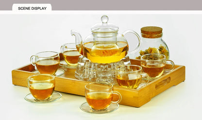 Elegant Glass Tea Set Borosilicate Glass Teapot With Cups Bamboo Tea Tray Tea Set Kettle Warmer Glass Teapot