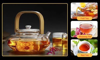 Bamboo Handle 800ml Blooming, Loose Leaf Tea Pot with Glass Strainer Safe Lid Dishwasher, Stovetop Safe Teaset Kettles