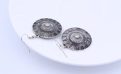 Statement Bohemian Vintage Ethnic Big Round Drop Earring Long Carved Flowers Drop Earrings For Women