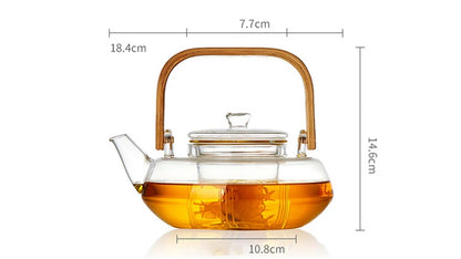 Bamboo Handle 800ml Blooming, Loose Leaf Tea Pot with Glass Strainer Safe Lid Dishwasher, Stovetop Safe Teaset Kettles