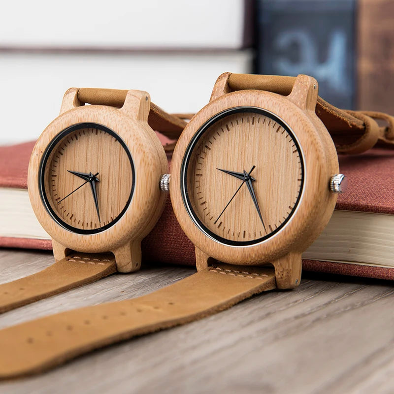 Bamboo Couple Set Quartz Wooden Watches Men Leather Band Lovers's Wood Timepieces