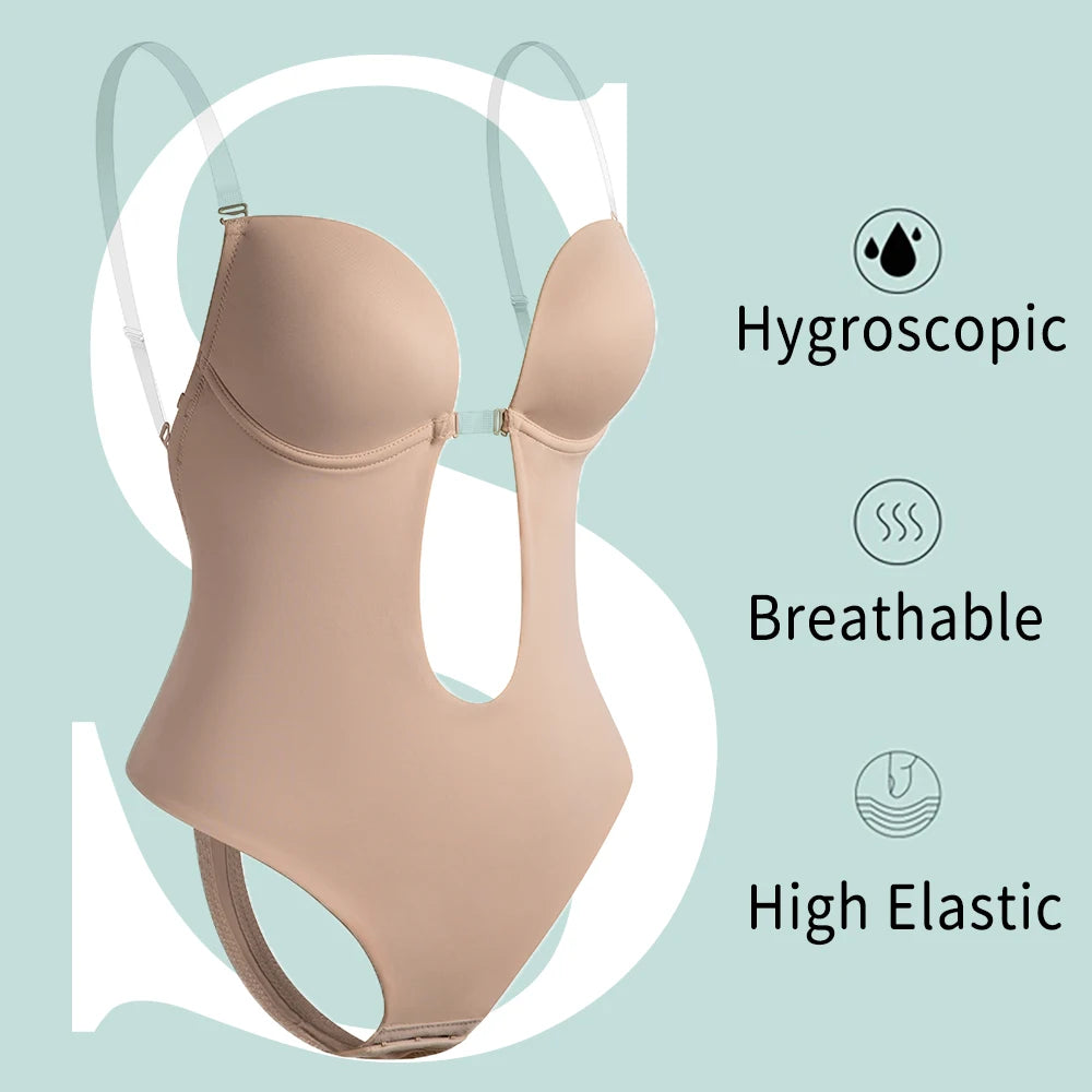Deep V-Neck Backless Bodysuit Shapewear – Push Up Thong Body Shaper
