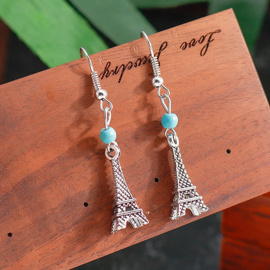 Bohemian Natural Turquoise Stone Beads Eiffel Tower Earrings for Vintage Tibet Silver Color Jewelry