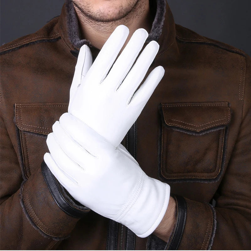 Genuine Leather White Gloves Solid Wrist Buttons Female Lambskin Driving Glove