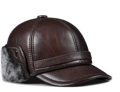 Winter Men's  Hat Thicken Leather Cowhide Baseball Caps With Ears Warm Snapback