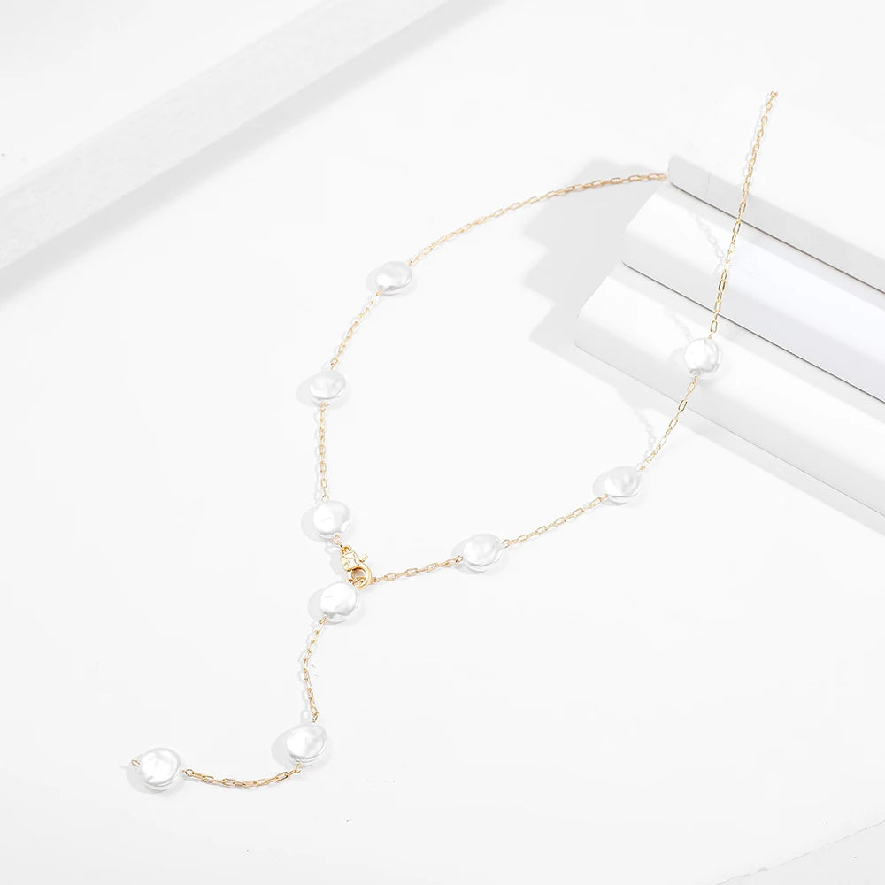 Imitation Pearls Flat Bead Chain On The Necklace For Women Gold Color Long Chain Necklace