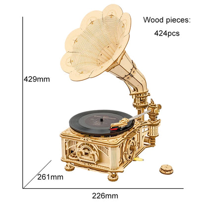 DIY Hand Crank Classic Gramophone Wooden Puzzle Model Building Kits Assembly