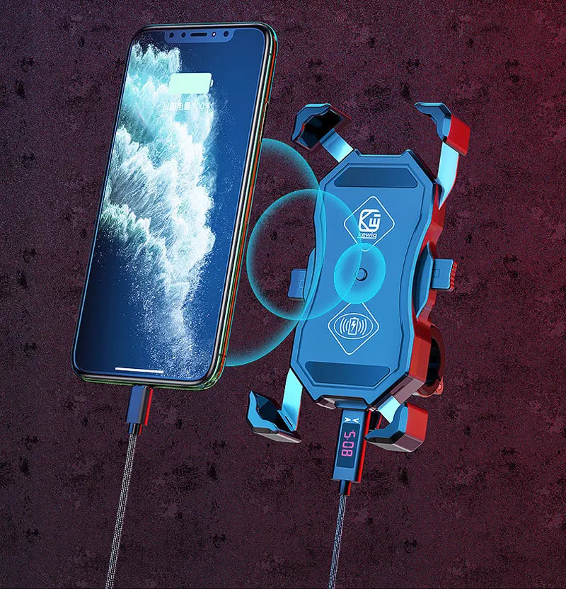 Motorcycle Fork Stem Wireless Charger 15W Qi/USB Quick Charge Phone Holder Handlebar Mirror Mount with 1" Ball for 3.5"-6.8"