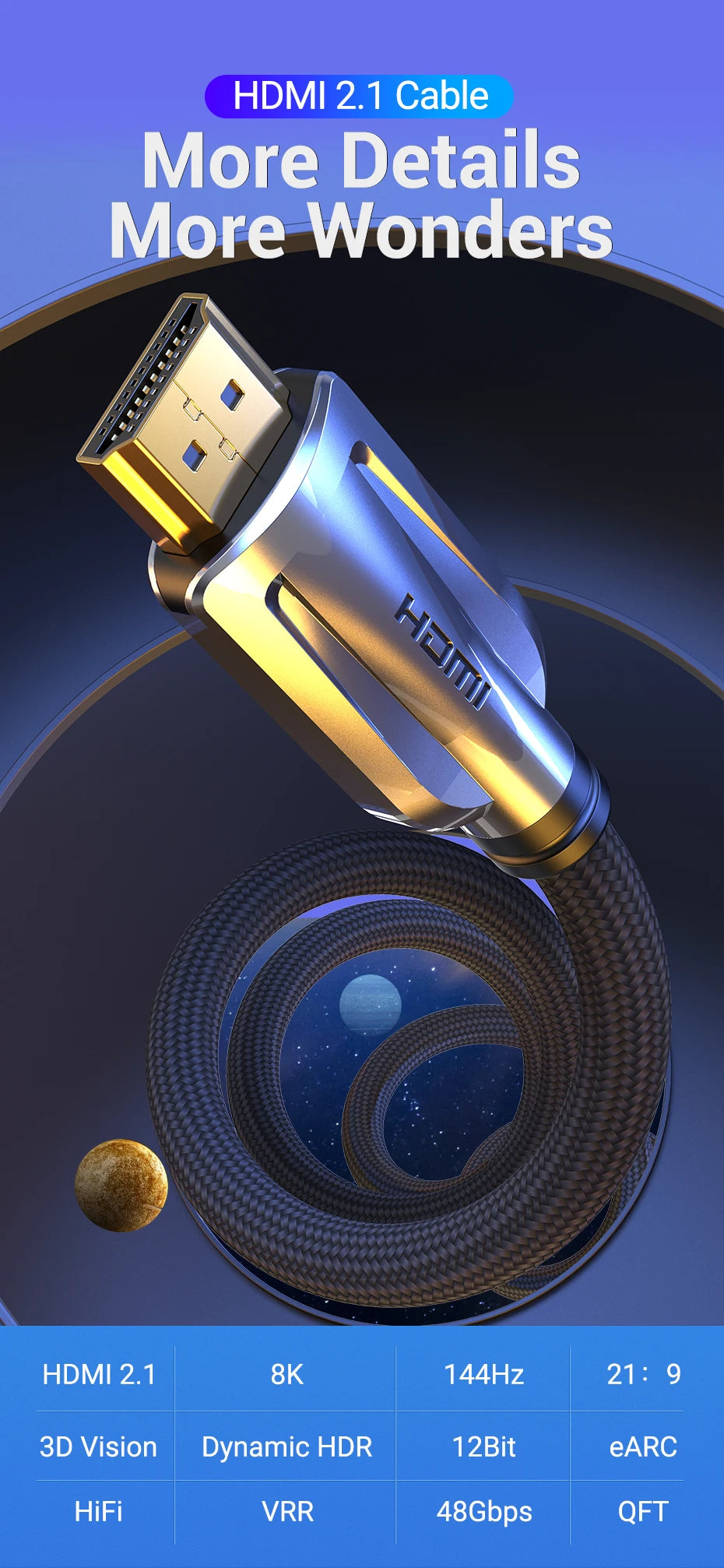 HDMI 2.1 Cable 8K/60Hz 4K/120Hz 48Gbps HDMI Digital Cables Splitter for Xiaomi TV Box HDR10+ PS5 Switch Cable HDMI 2.1