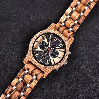 Zebra Handmade Wood Watch Quartz Classic Wristwatch Auto Date Stopwatch