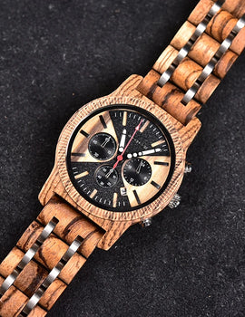 Zebra Handmade Wood Watch Quartz Classic Wristwatch Auto Date Stopwatch