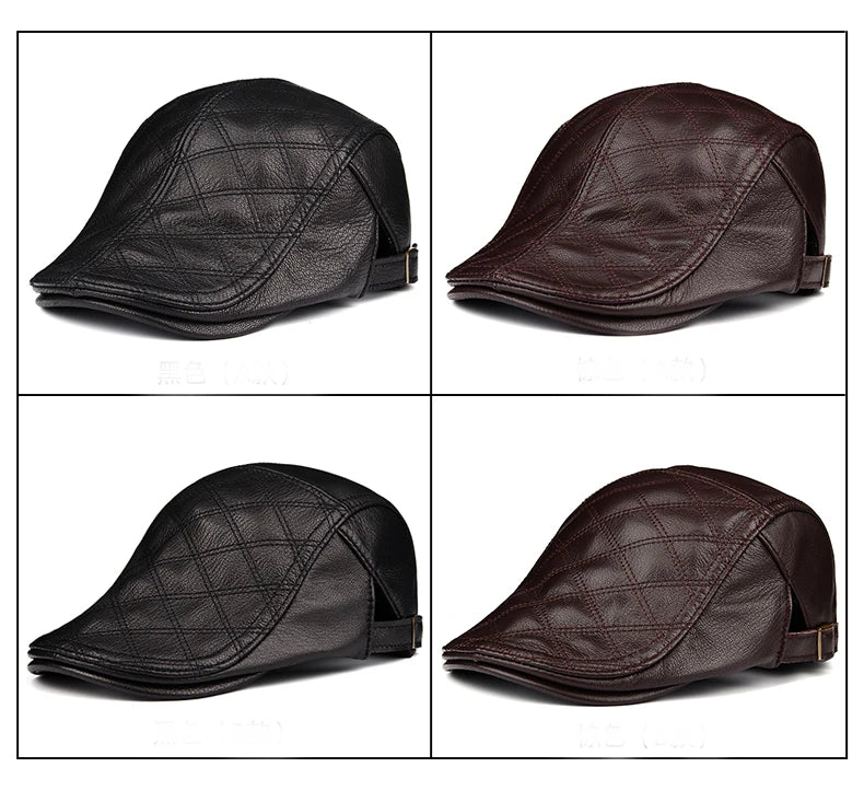 Winter Unisex Genuine Leather Duckbill Thin Berets Hats For Men/Women Leisure Black/Brown Fitted Cabbie Bonnet