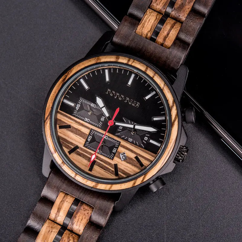 Wood Quartz Stop Watch Timer Luxury Chronograph Wristwatch Auto Date