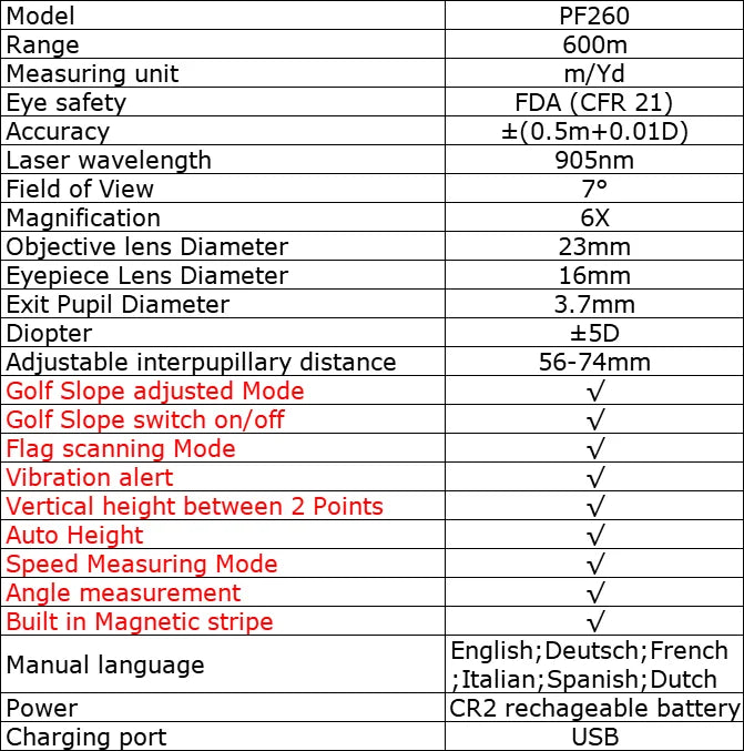 PF260 Golf Laser Rangefinder 600M Rechargeable Distance Meter with Slope Vibration & Magnetic Strip