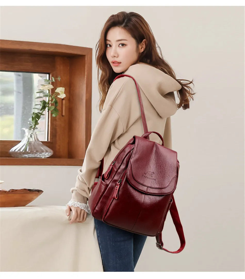Soft Leather Backpacks Vintage Female Shoulder Bags Casual Travel Ladies Bagpack School Bags