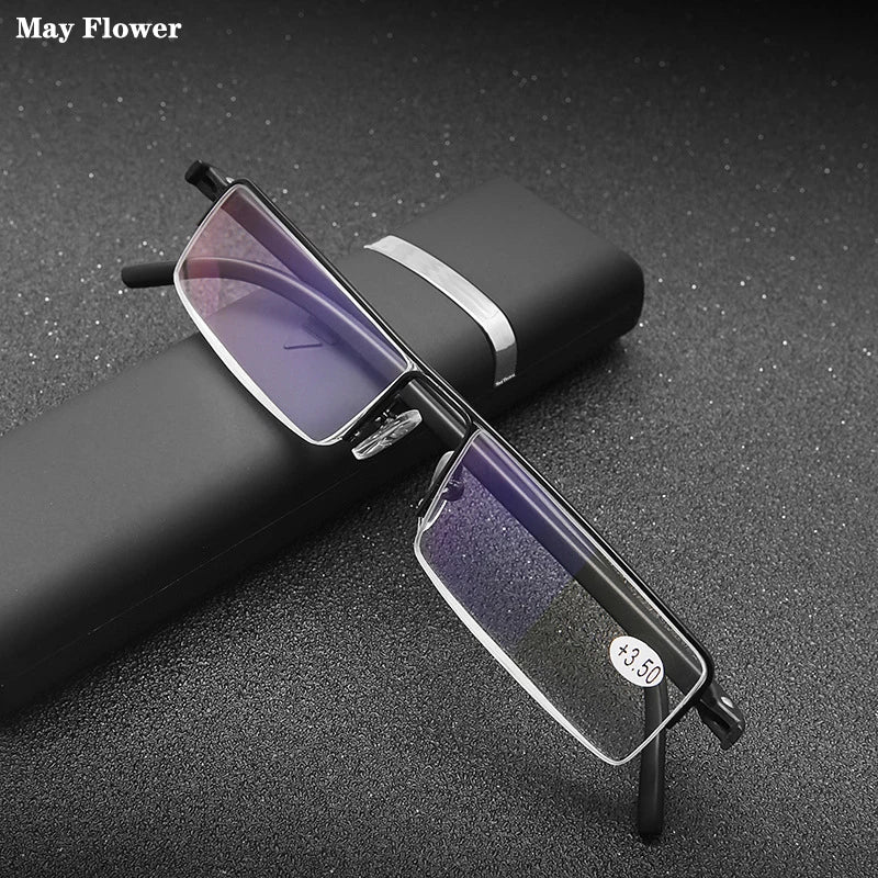 Half Frame Rectangle Reading Glasses with Alloy Frame and Blue Light Blocking Lenses