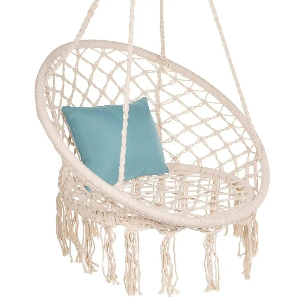 Nordic Style Round Hammock Swing Chair Safety Hanging Hammock Rope Hanging Garden Seat Beige Knitting Rope Swing Balcony Chair