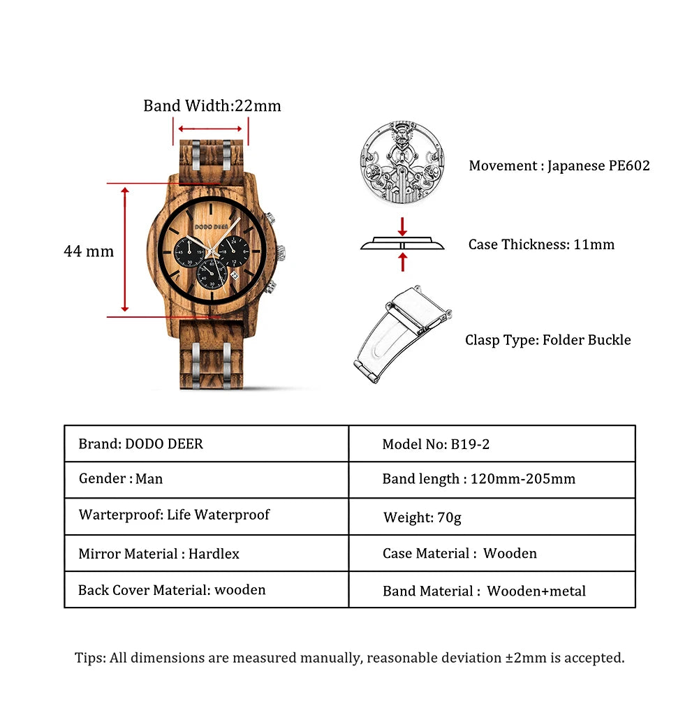 Wooden Stop Watches in Wristwatch Chronograph Auto Date Luminous Hands