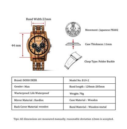 Wooden Stop Watches in Wristwatch Chronograph Auto Date Luminous Hands