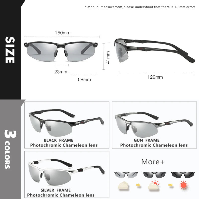 Aluminum Rimless Photochromic Polarized UV400 Driving Sunglasses for Men Women