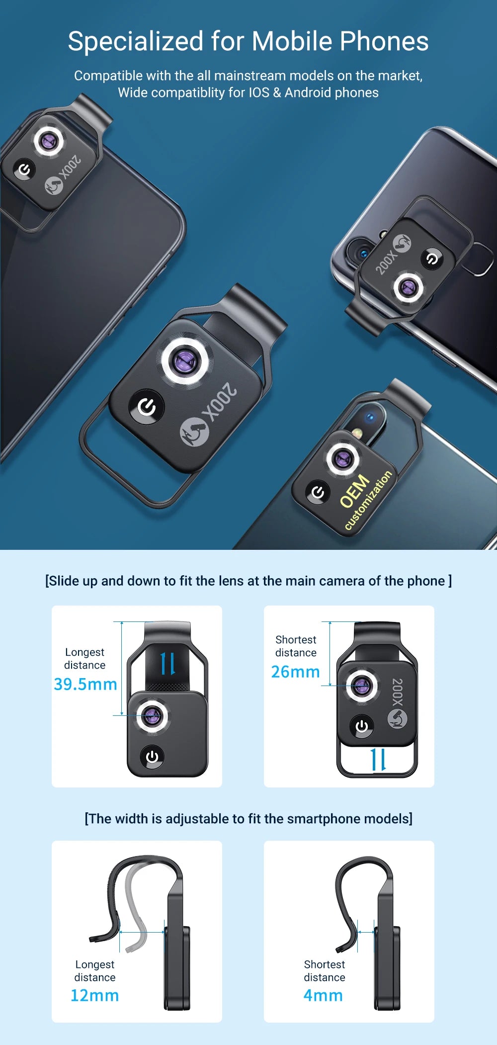 200X Smartphone Microscope Lens with LED Light Universal Clip