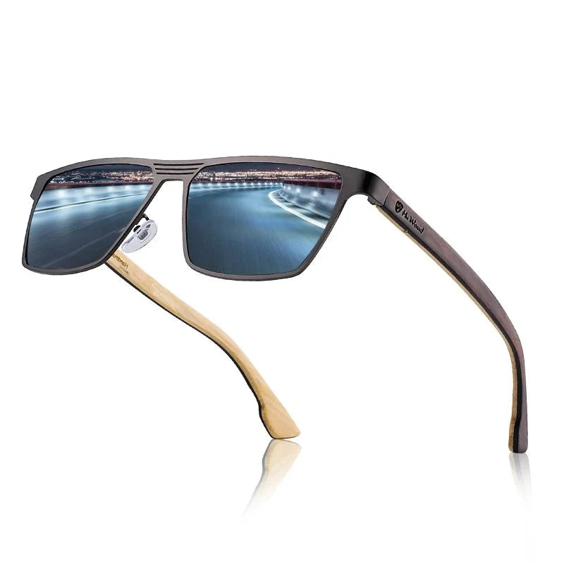 Metal Frame Natural Wooden Sunglasses Polarized Blue Mirror Eyewear