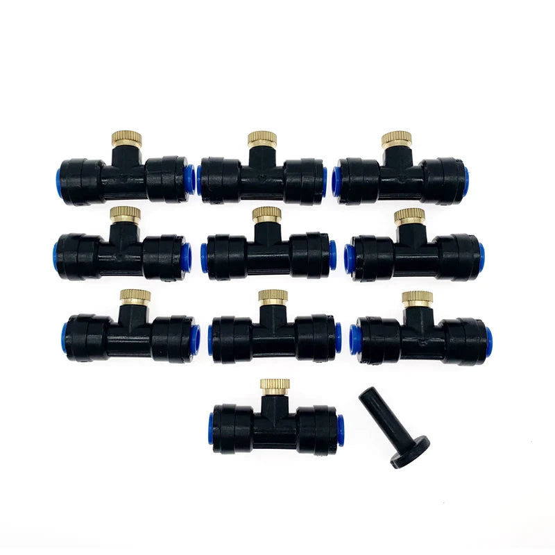 10pcs 1/4'' Tube OD Plastic Slip Lock (Quick Connect) Garden Fogging Misting Nozzle Tees with Brass Sprayer (0.1-0.6mm)