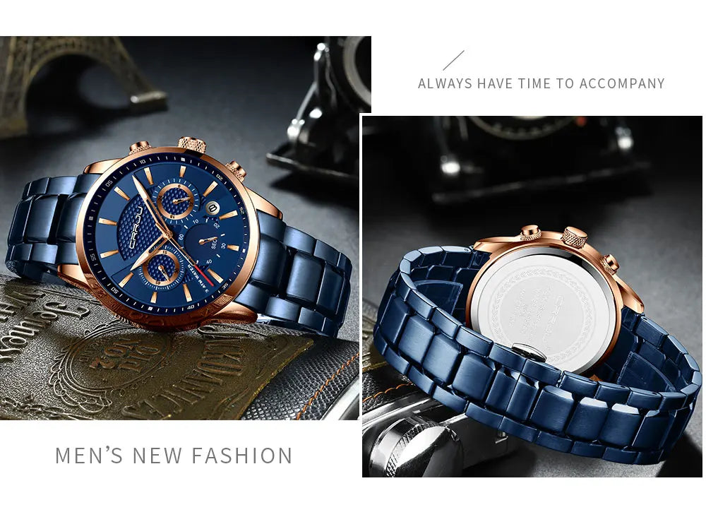 Business Men Watch Fashion Blue Date Chronograph Stianless Steel Wristwatch Mens Casual Waterproof Clock