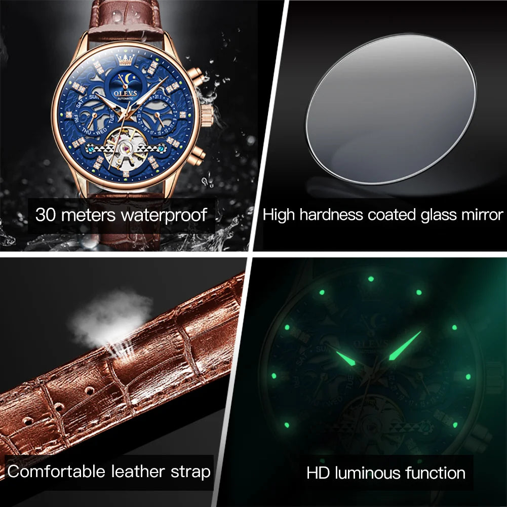 Automatic Mechanical Watch Waterproof Hollow out Noctilucent Skeleton Automatic Wind up Male Wristwatch