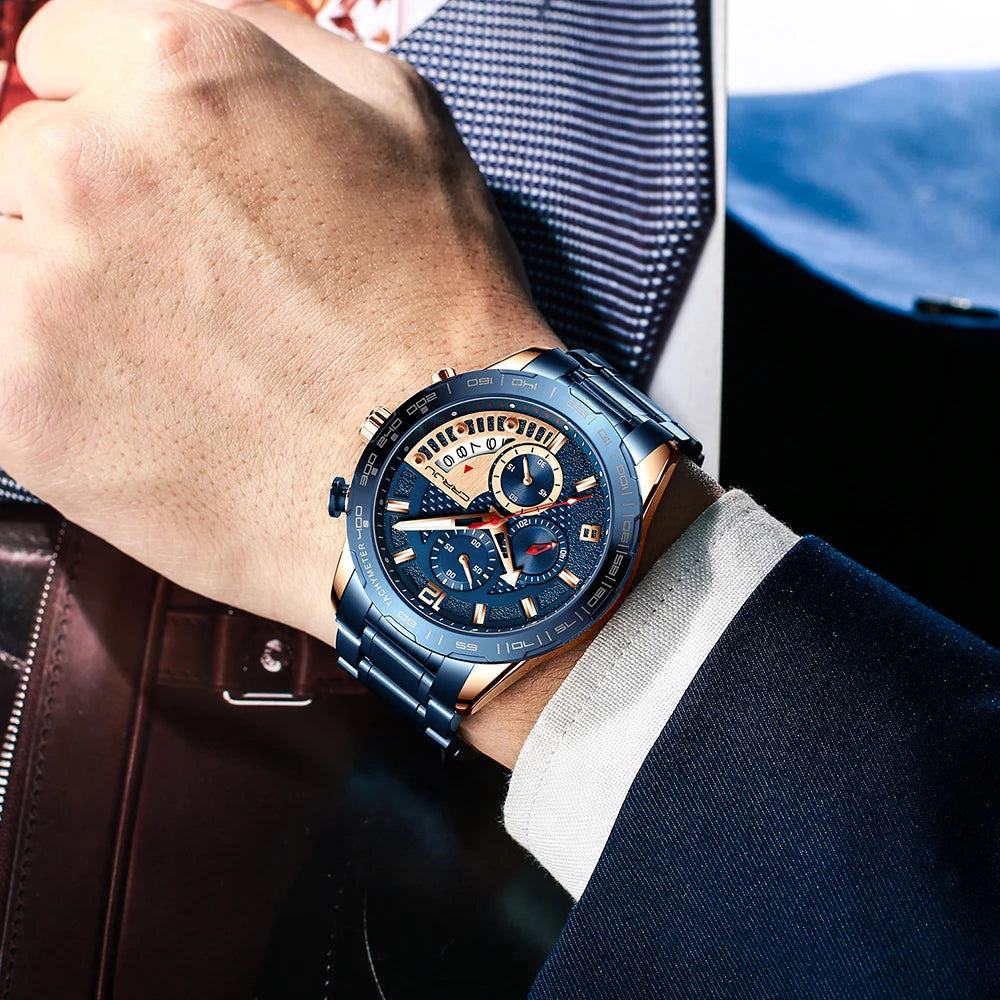 Mens Watches Fashion Stainless Steel Business Watch Luxury Luminous Waterproof Chronograph Quartz Watch Relogio Masculino