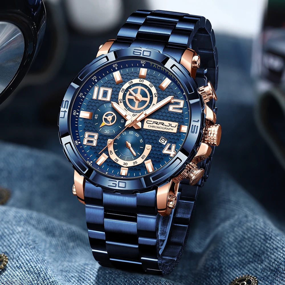 Men Watches Big Dial Waterproof Stainless Steel with Luminous handsDate Sport Chronograph Watches Relogio Masculino