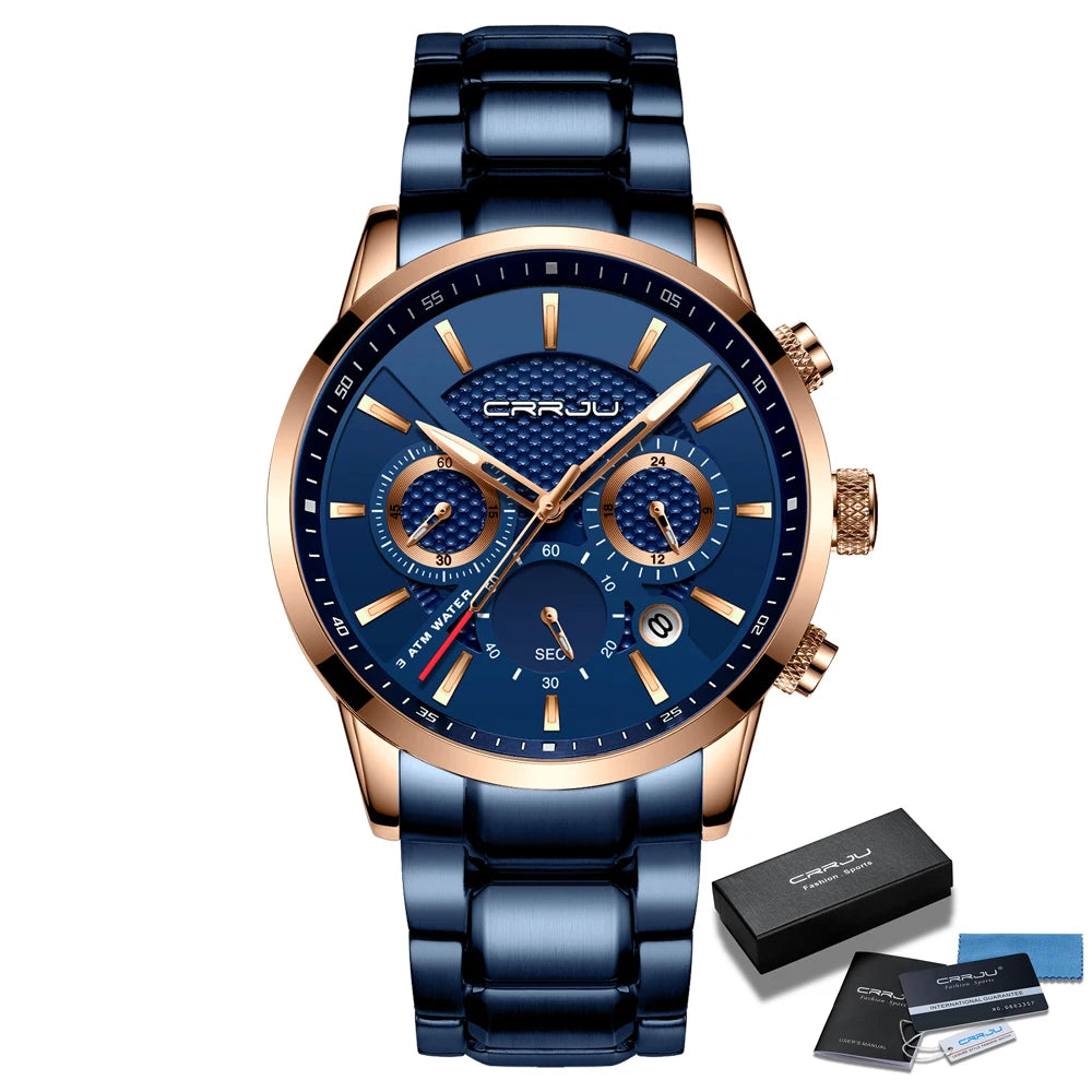 Business Men Watch Fashion Blue Date Chronograph Stianless Steel Wristwatch Mens Casual Waterproof Clock
