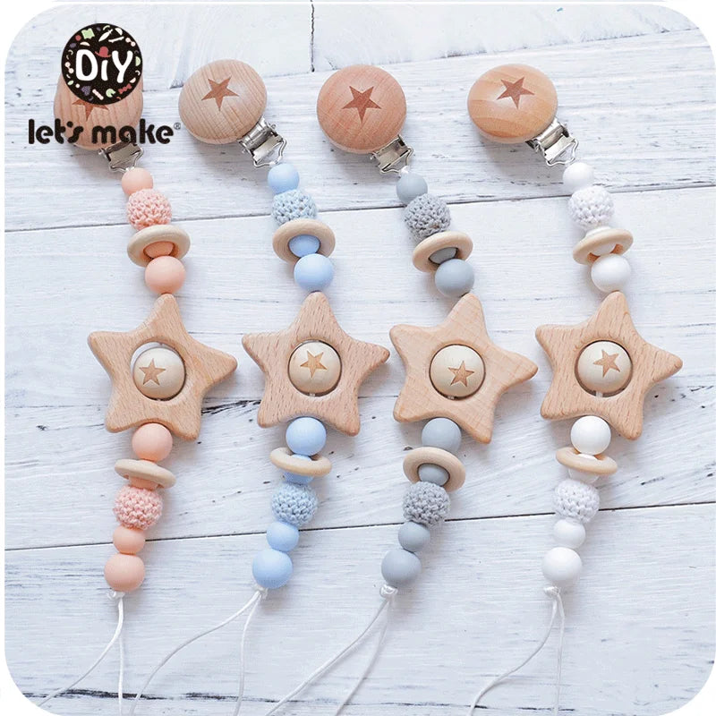 Let's Make 1PC Pacifier Chain Baby Teether Beech Star Wooden Clip Geometric Crochet Beads Pacifier Clip Chain Kids Tiny Rod Toys