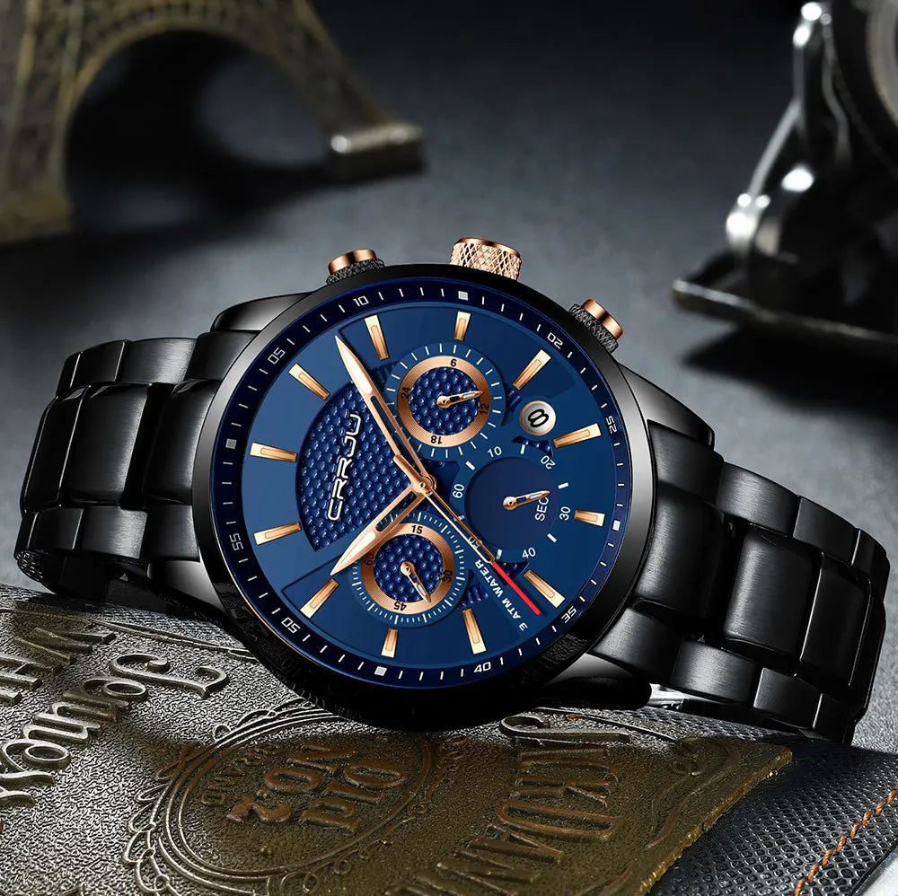 Business Men Watch Fashion Blue Date Chronograph Stianless Steel Wristwatch Mens Casual Waterproof Clock