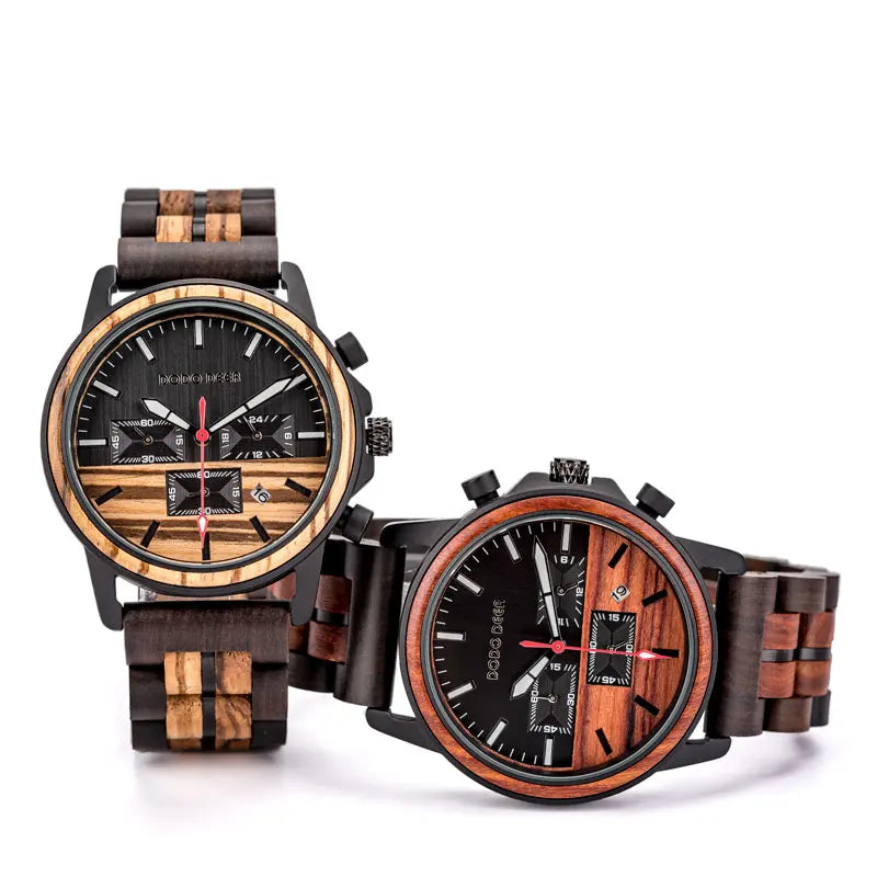 Wood Quartz Stop Watch Timer Luxury Chronograph Wristwatch Auto Date