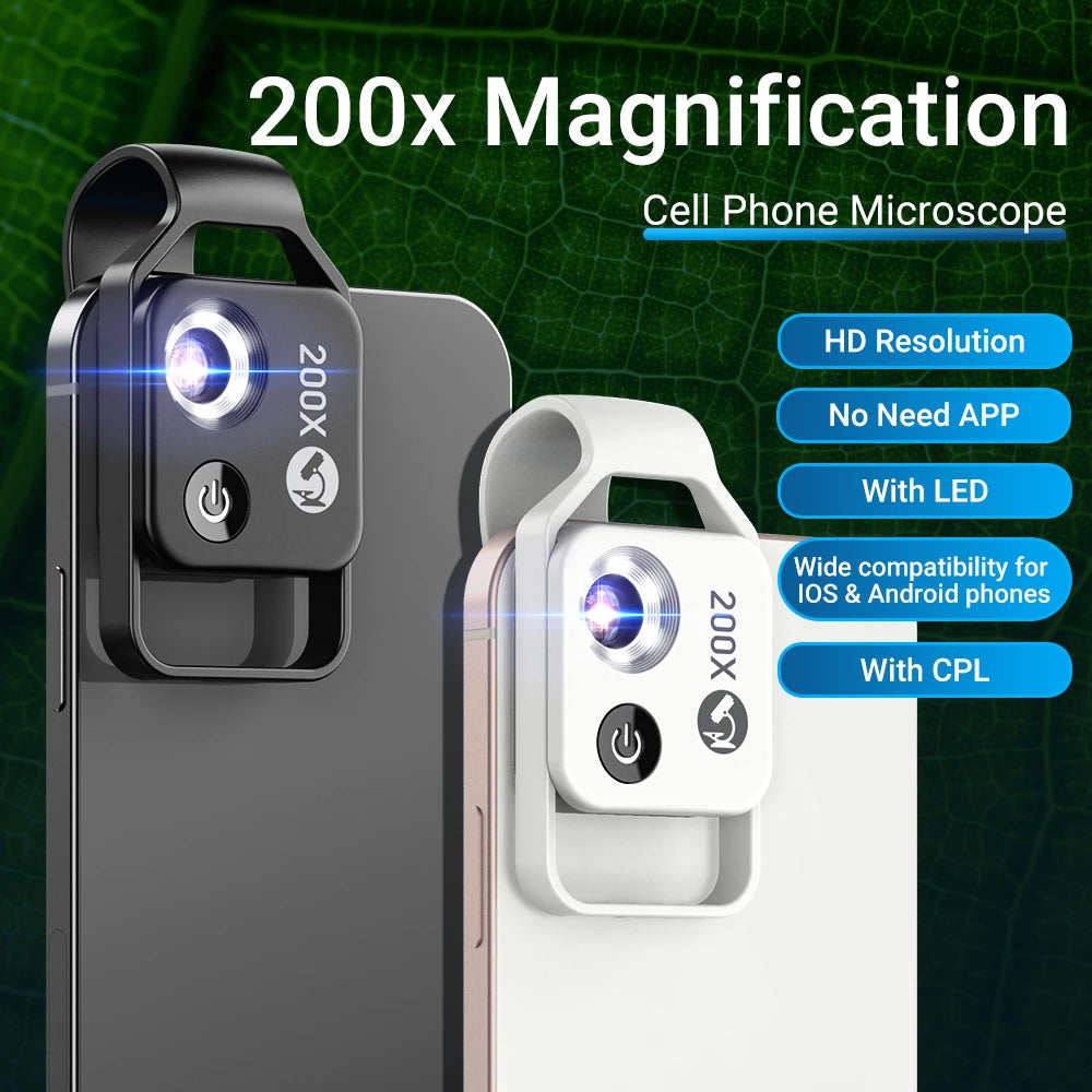 200X Smartphone Microscope Lens with LED Light Universal Clip
