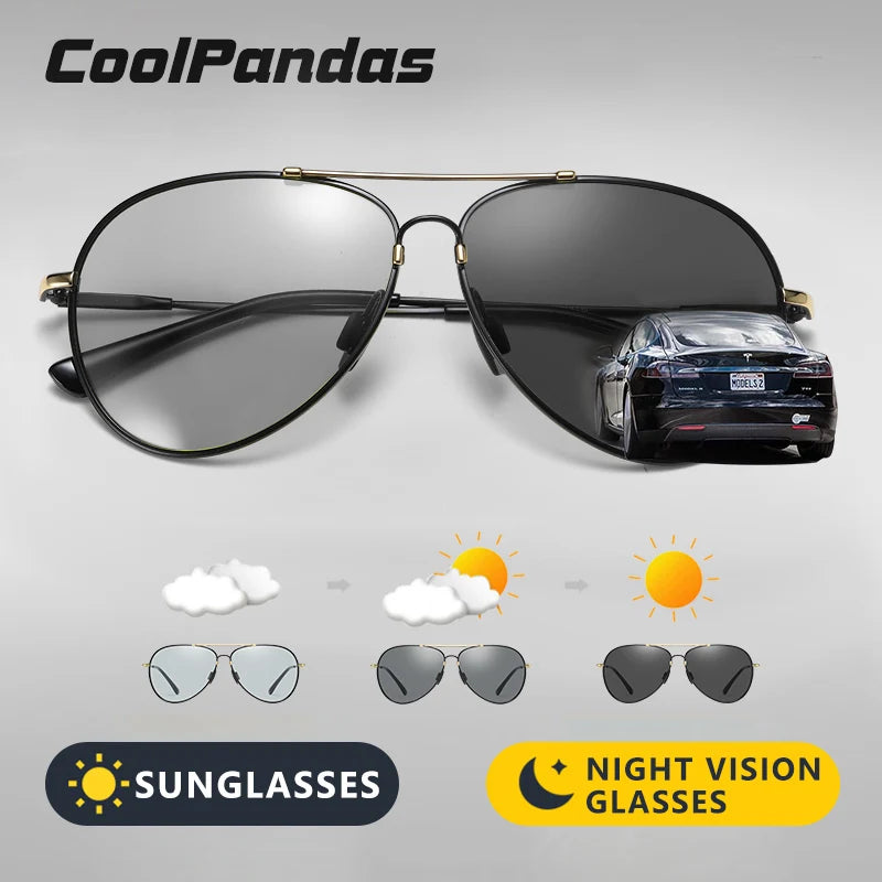 Memory Metal Frame Photochromic Men's Sunglasses Polarized Anti-Glare Driving Sun Glasses