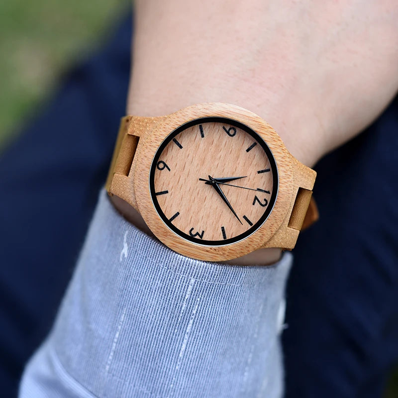 Bamboo Couple Watch Quartz Handmade Leather Ladies Wrist watches Lover's Customized Engrave Logo