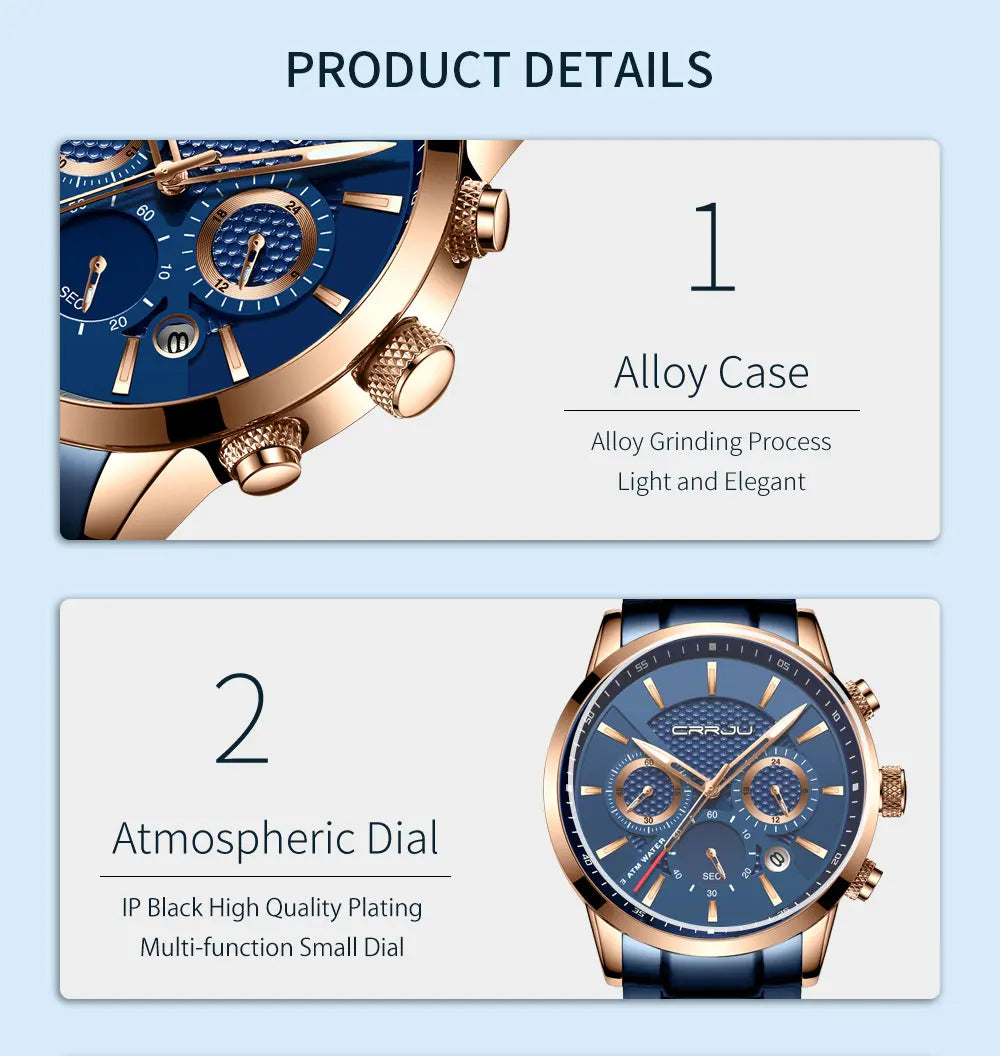 Business Men Watch Fashion Blue Date Chronograph Stianless Steel Wristwatch Mens Casual Waterproof Clock